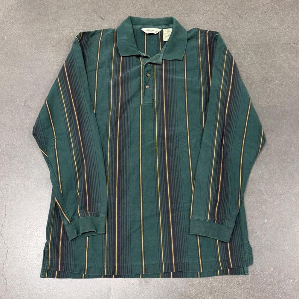 Eddie Bauer Green Striped Long Sleeve Polo Shirt 90s Men's M